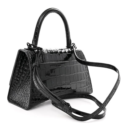 Balenciaga Shiny Calfskin Monochrome Crocodile Embossed Small Hourglass Top Handle Bag Black 3 of 11