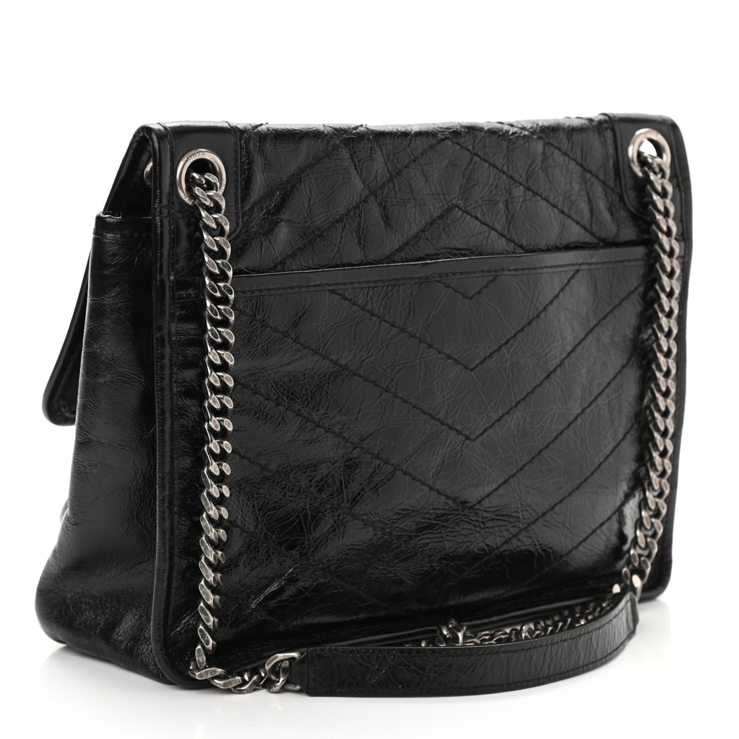 Crinkled Calfskin Matelasse Monogram Medium Niki Chain Satchel Black