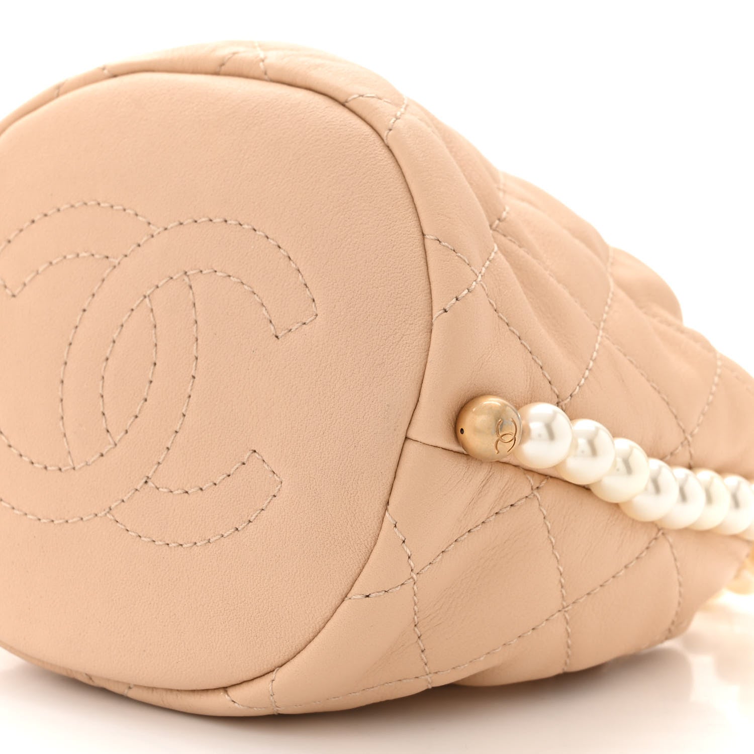 Chanel Calfskin Quilted Pearl Mini About Pearls Drawstring Bucket Bag Beige 10 of 11