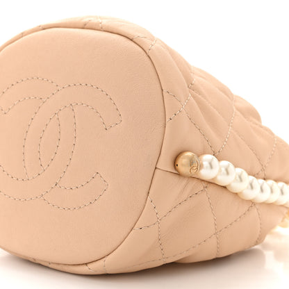 Chanel Calfskin Quilted Pearl Mini About Pearls Drawstring Bucket Bag Beige 10 of 11