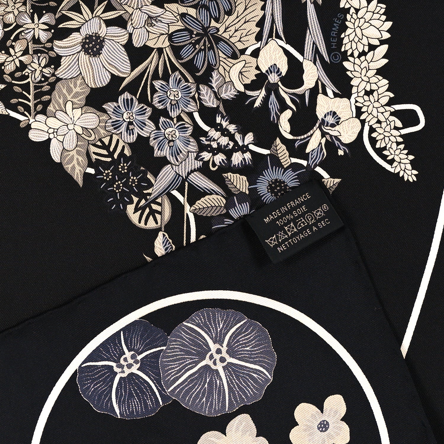 Hermes Silk Planifleurs Scarf 90 Black Gris Parchemin 3 of 3