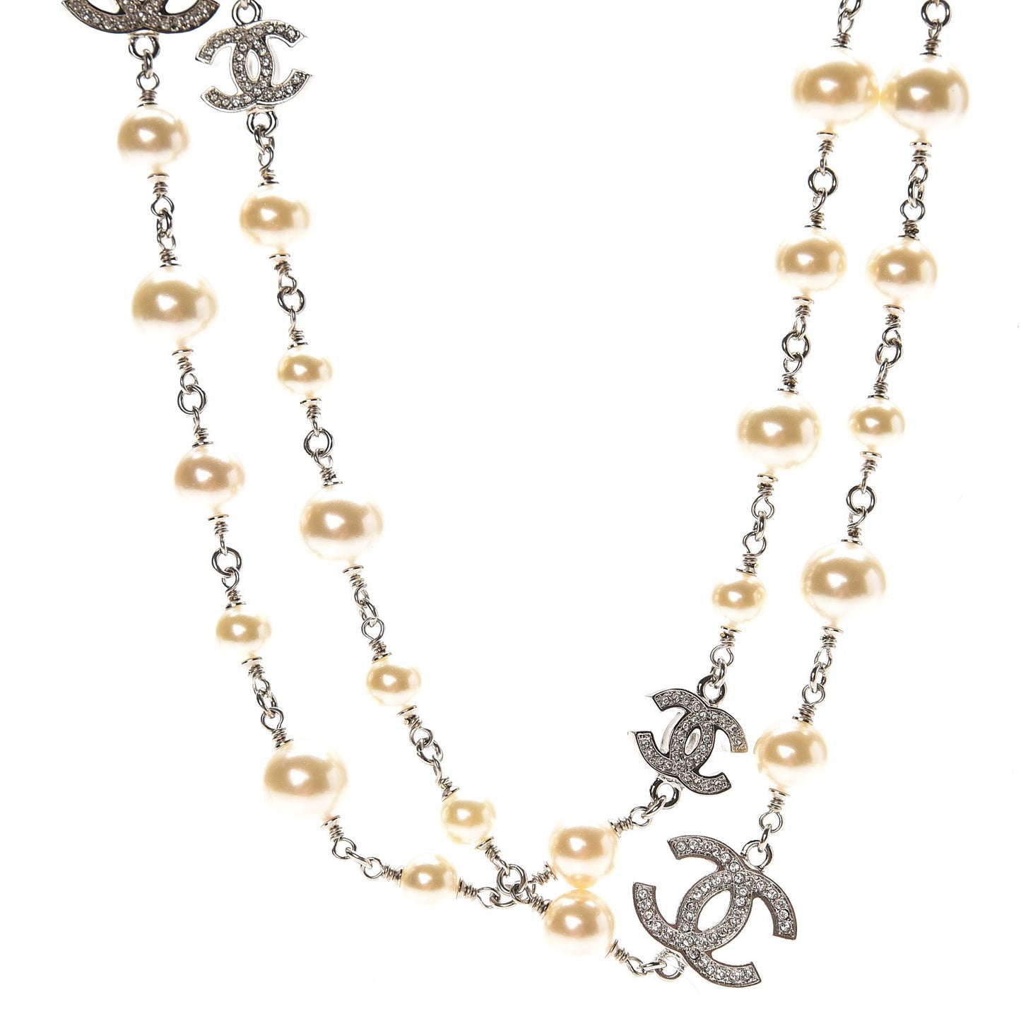 Crystal Pearl CC Long Necklace Silver
