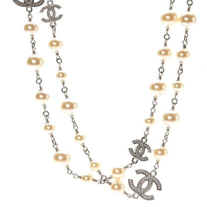 Chanel Crystal Pearl CC Long Necklace Silver 1 of 4