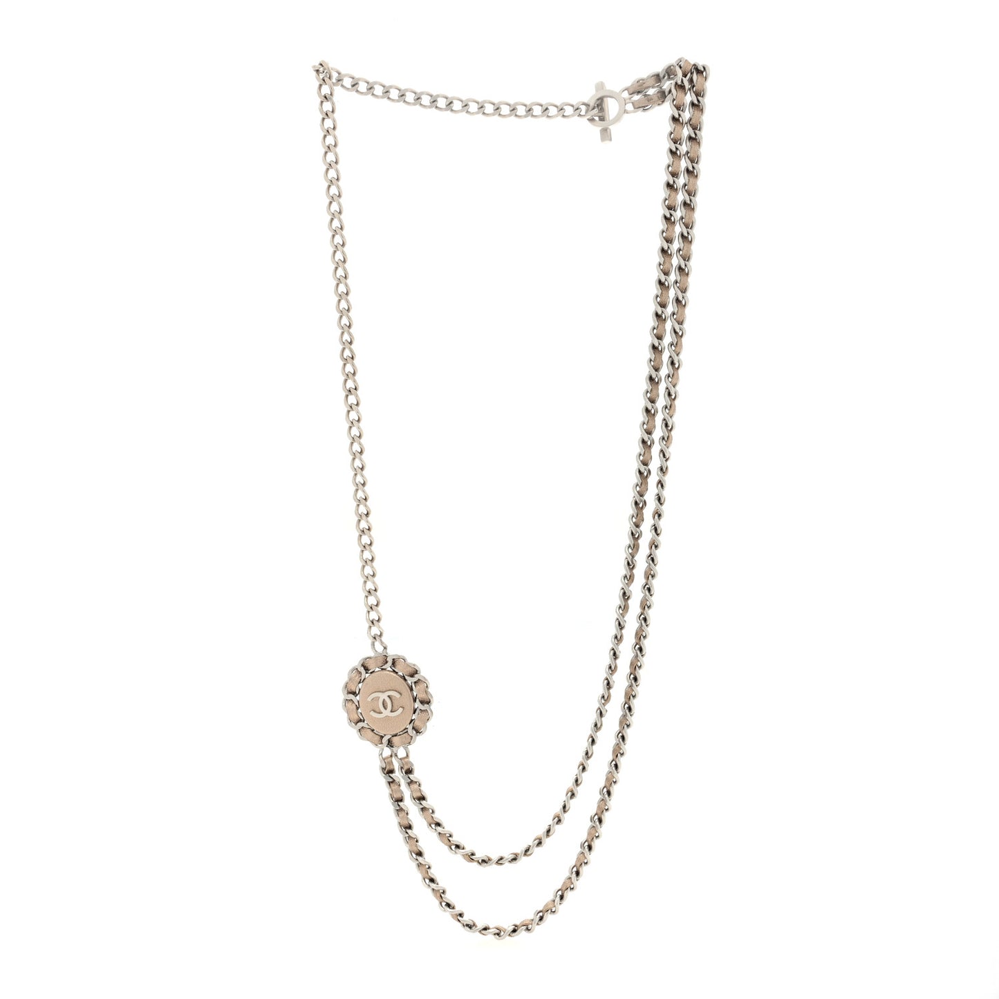 Metallic Lambskin CC Long Chain Necklace Gold Silver
