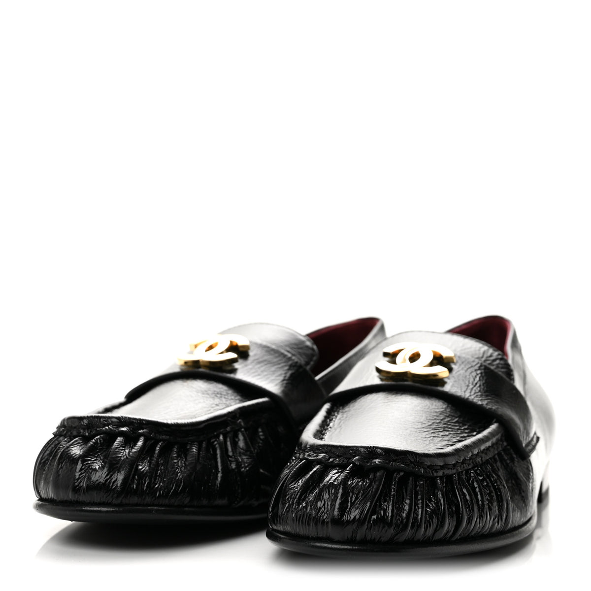 Crumpled Shiny Lambskin CC Mocassin Loafers 39 Black