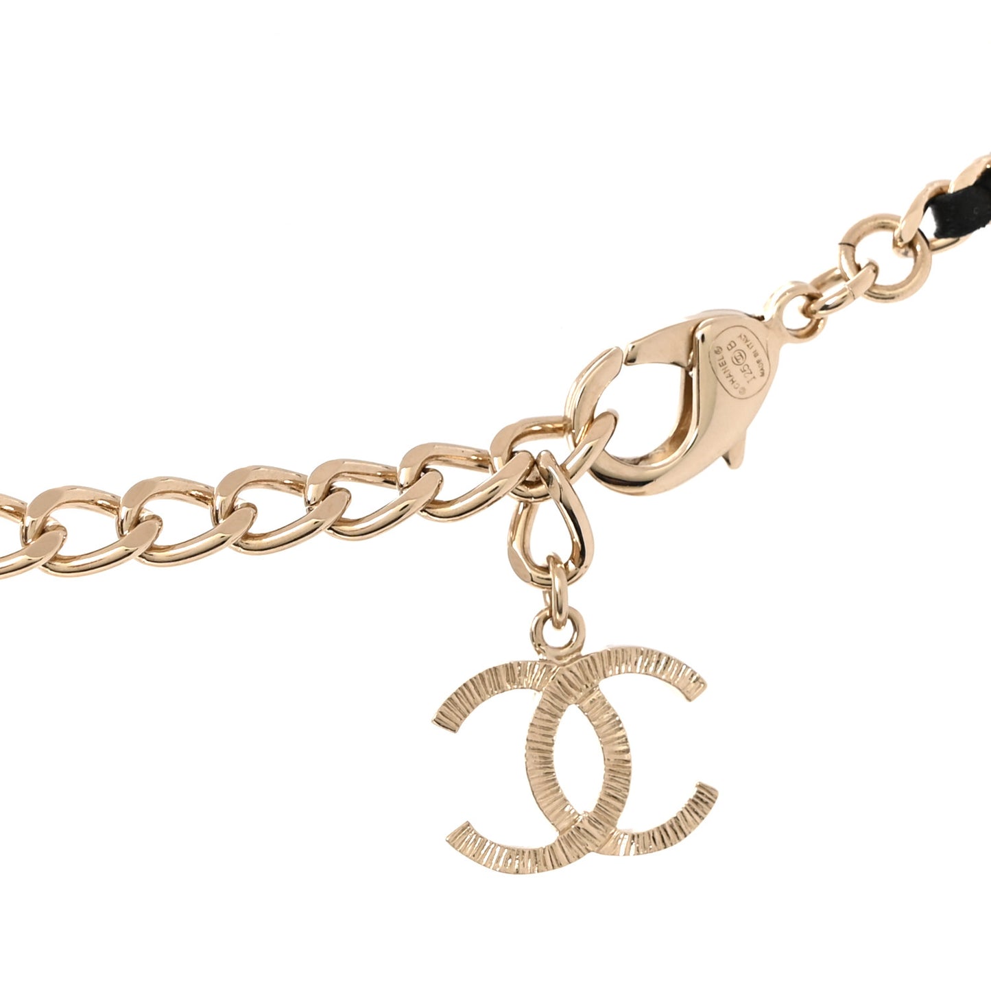 Metal Lambskin Crystal Pearl Bow Chain Belt Black Gold