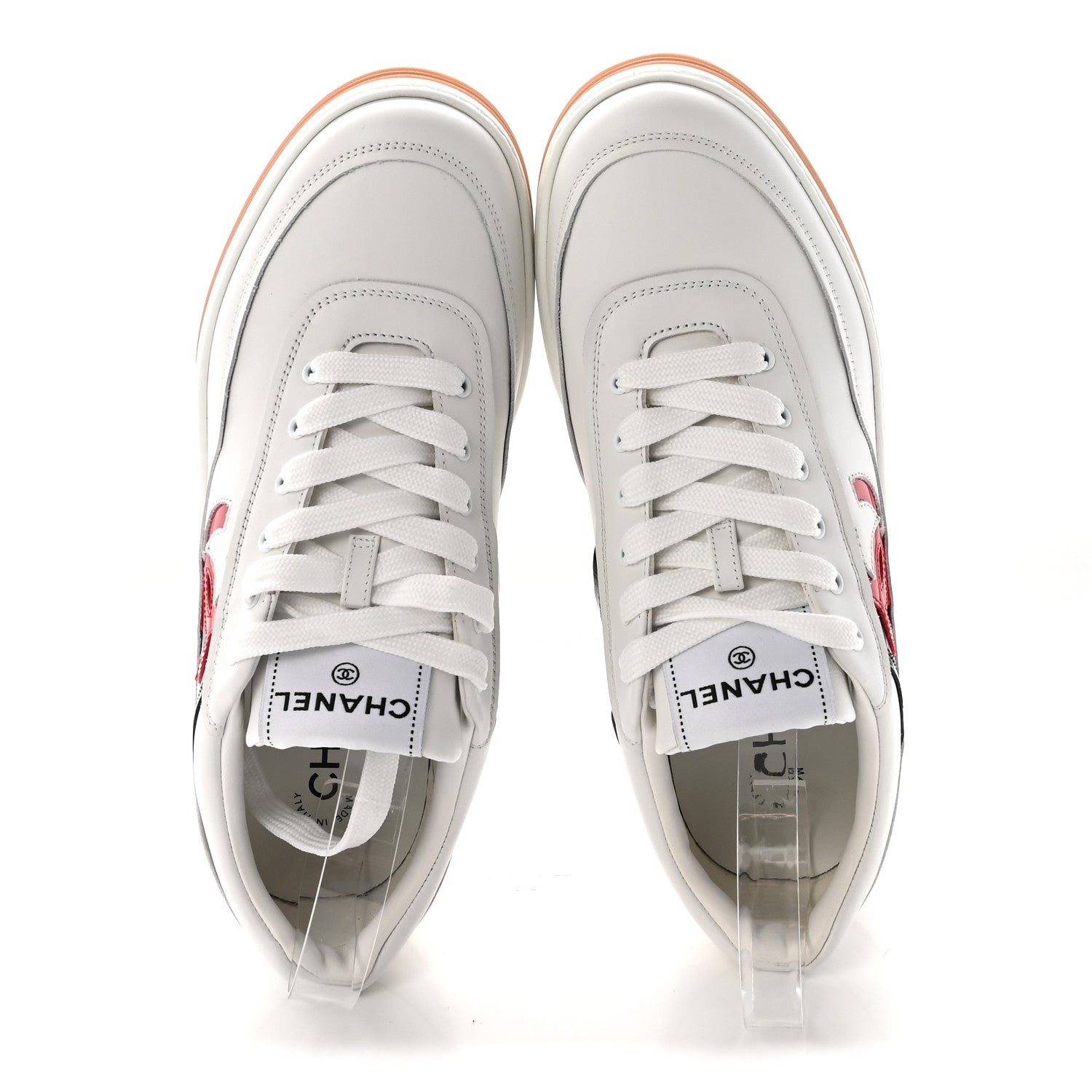 Chanel Calfskin Patent Womens CC Sneakers 40 White Black Red 2 of 8