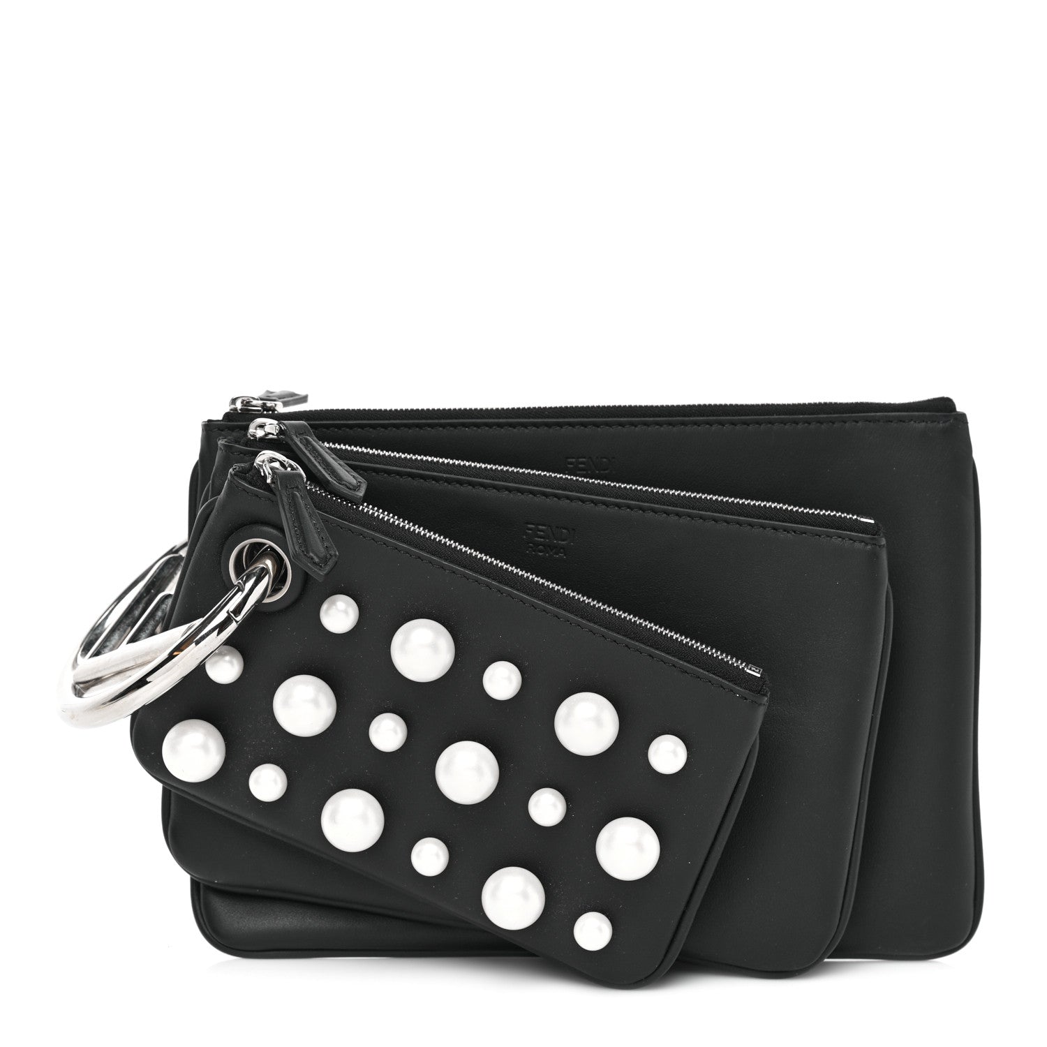Fendi Calfskin Pearl F is Fendi Embellished Triplette Pouch Set Black 1 of 10