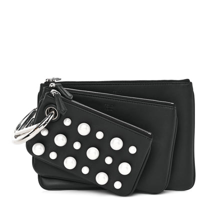 Fendi Calfskin Pearl F is Fendi Embellished Triplette Pouch Set Black 1 of 10