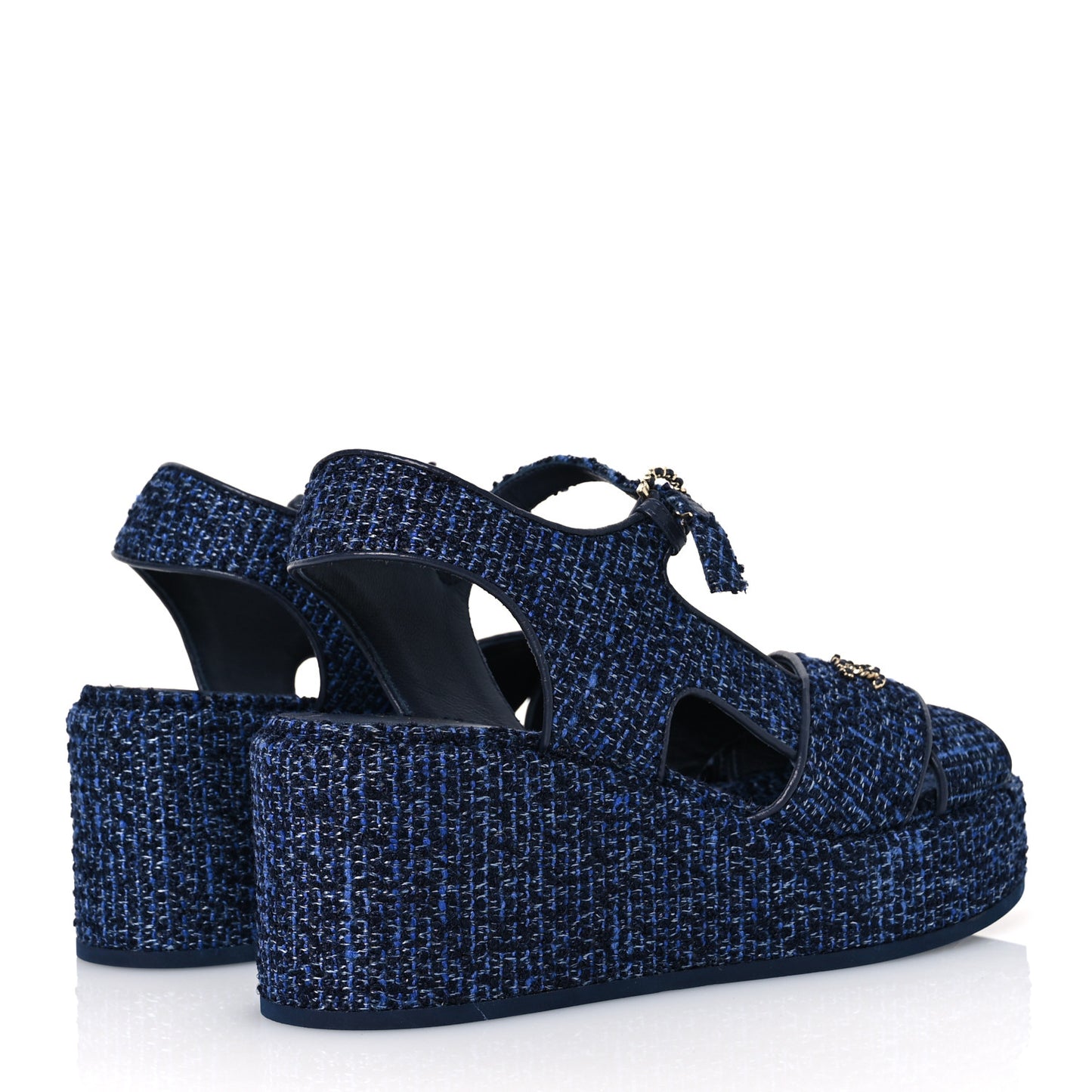 Silk Linen Tweed Quilted CC Platform Sandals 39.5 Navy Blue Gray