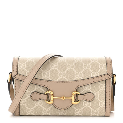 Gucci GG Supreme Monogram Textured Dollar Calfskin Mini Horsebit 1955 Shoulder Bag Beige Mystic White Oatmeal 1 of 10