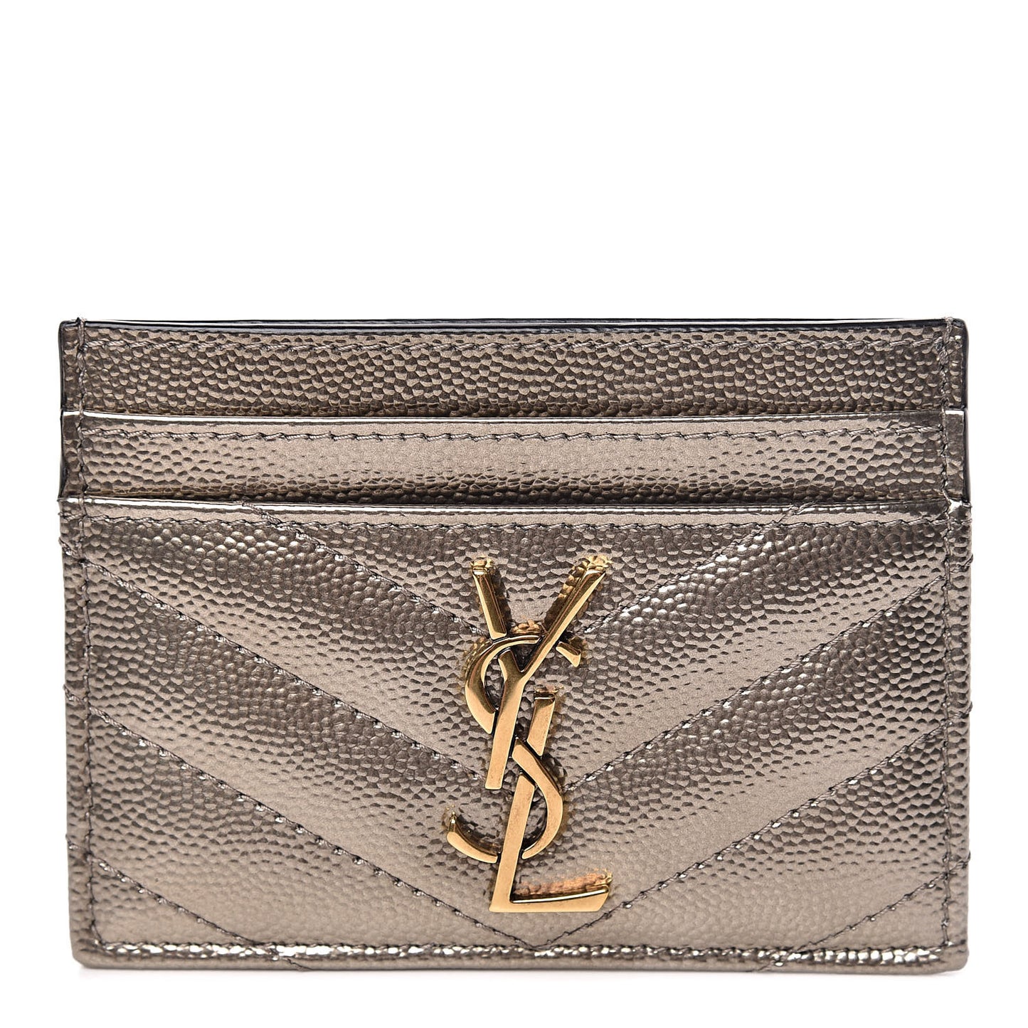 Metallic Grain De Poudre Matelasse Chevron Monogram Credit Card Case Pewter