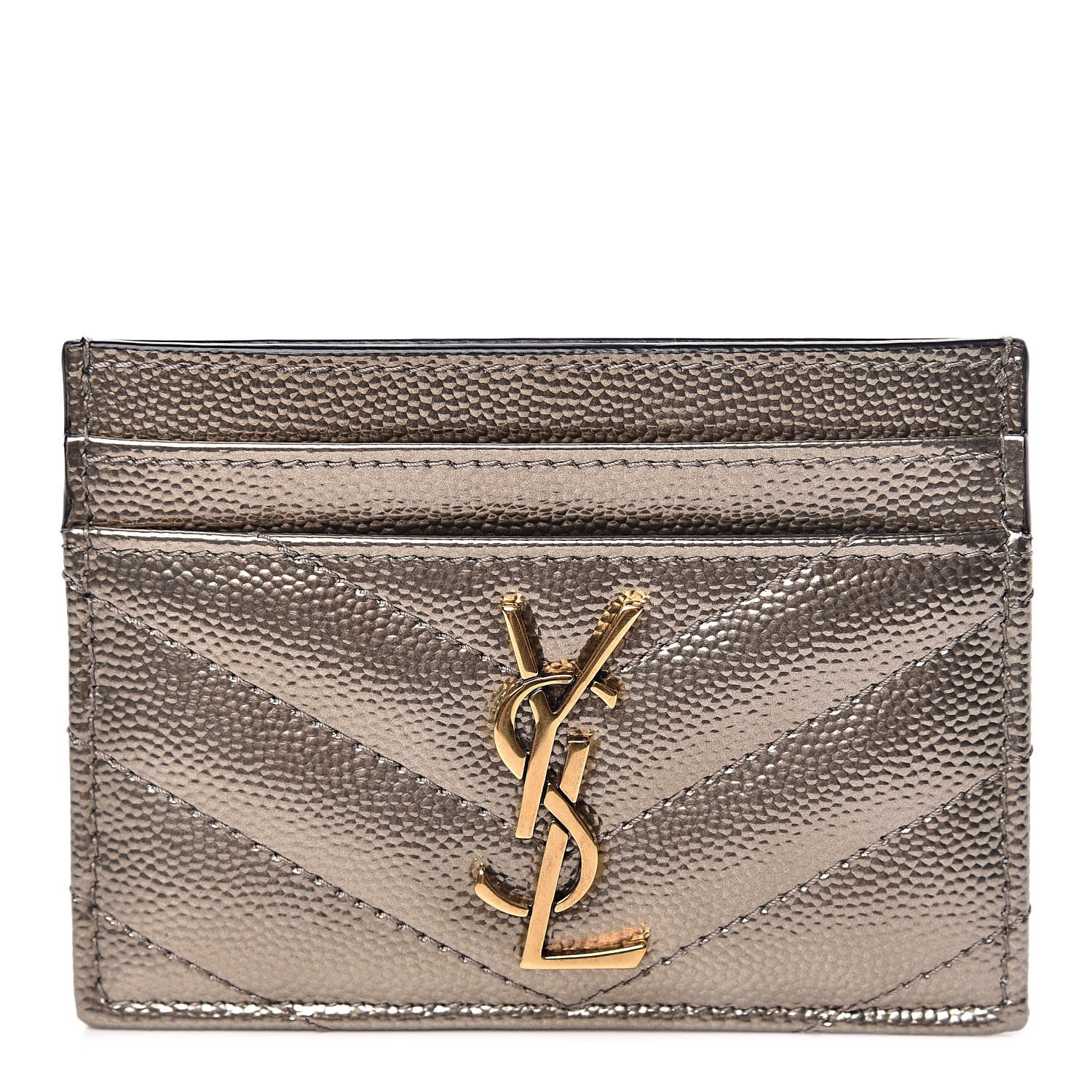 Saint Laurent Metallic Grain De Poudre Matelasse Chevron Monogram Credit Card Case Pewter 1 of 8