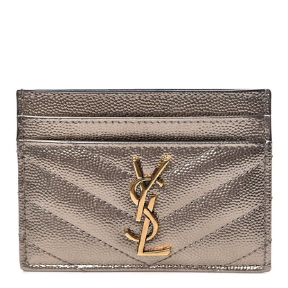 Saint Laurent Metallic Grain De Poudre Matelasse Chevron Monogram Credit Card Case Pewter 1 of 8