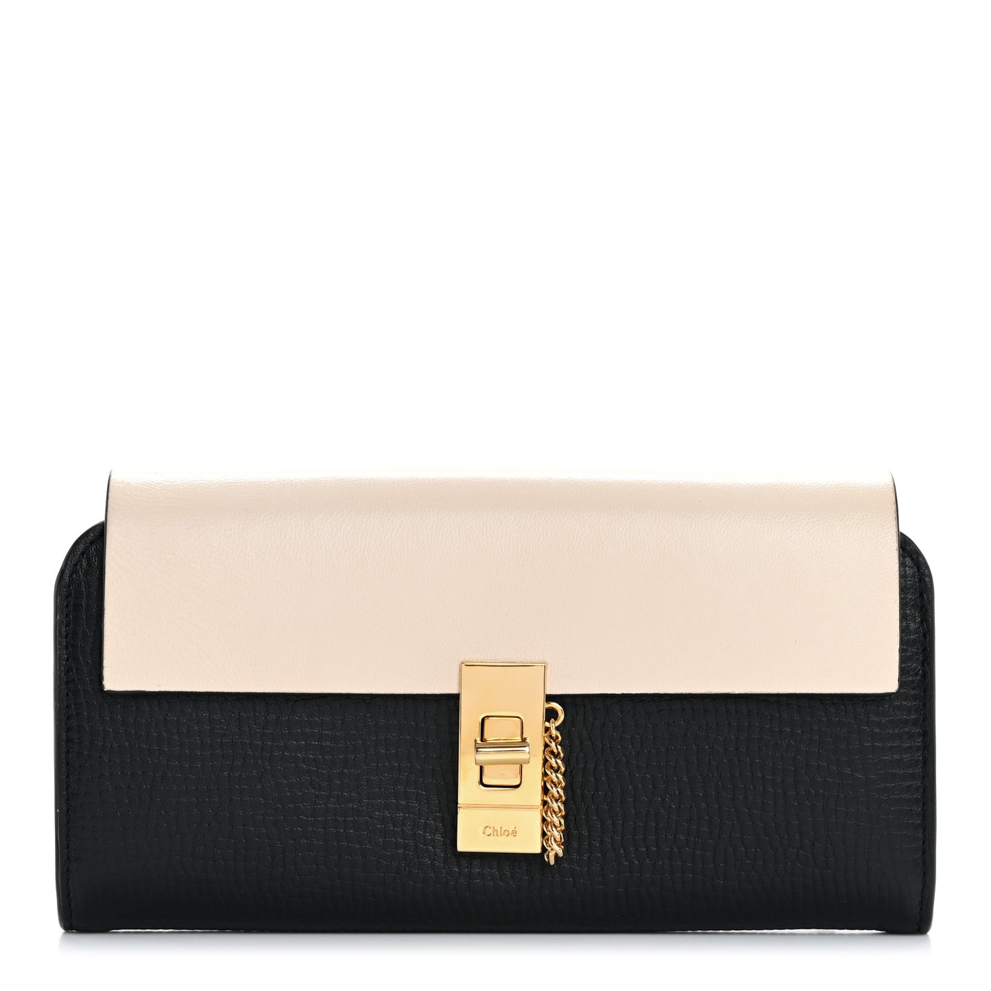 Grained Calfskin Lambskin Drew Long Wallet with Flap Black Powder Beige