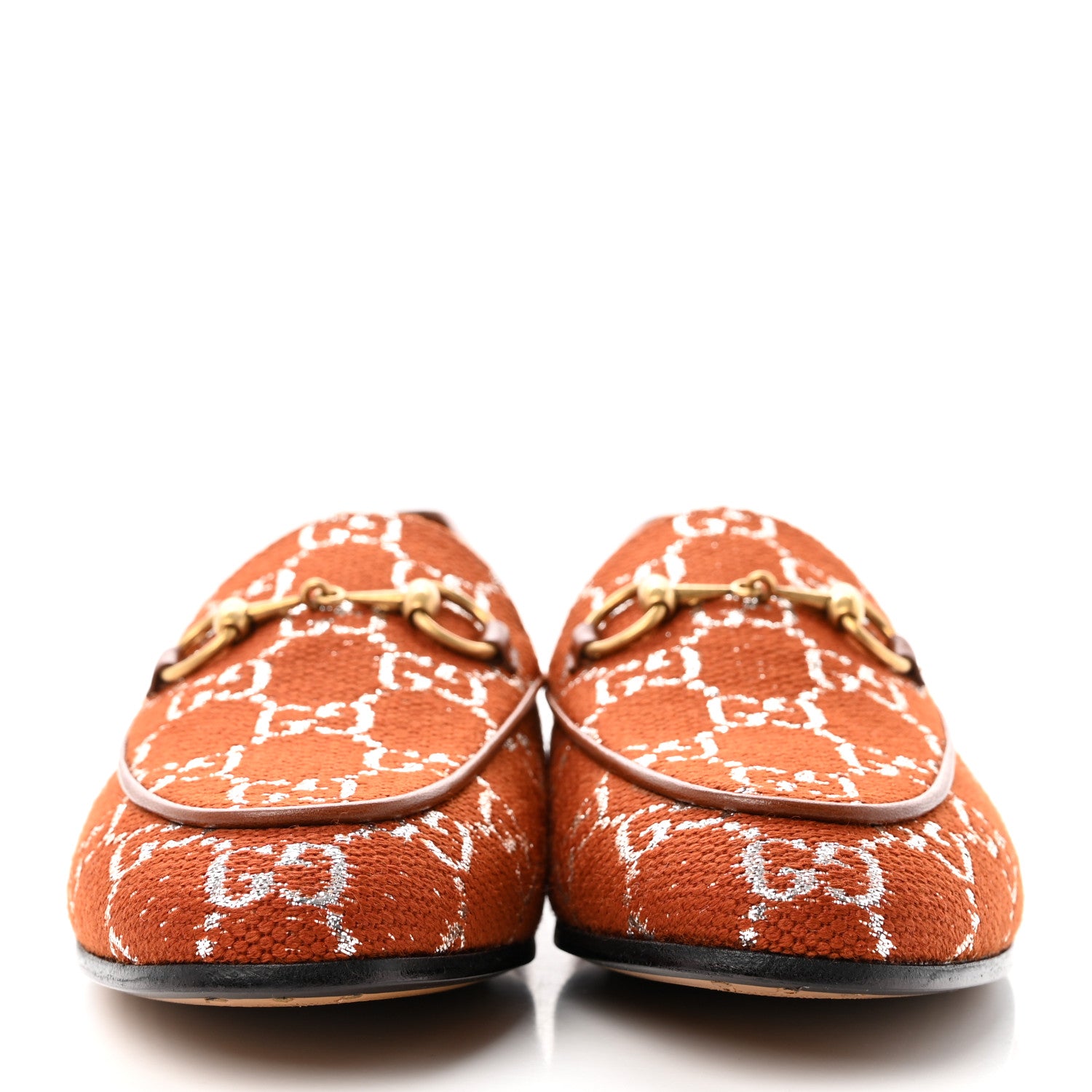 Gucci Canvas GG Monogram Horsebit Womens Jordaan Loafers 35.5 Burnt Orange Silver 2 of 18