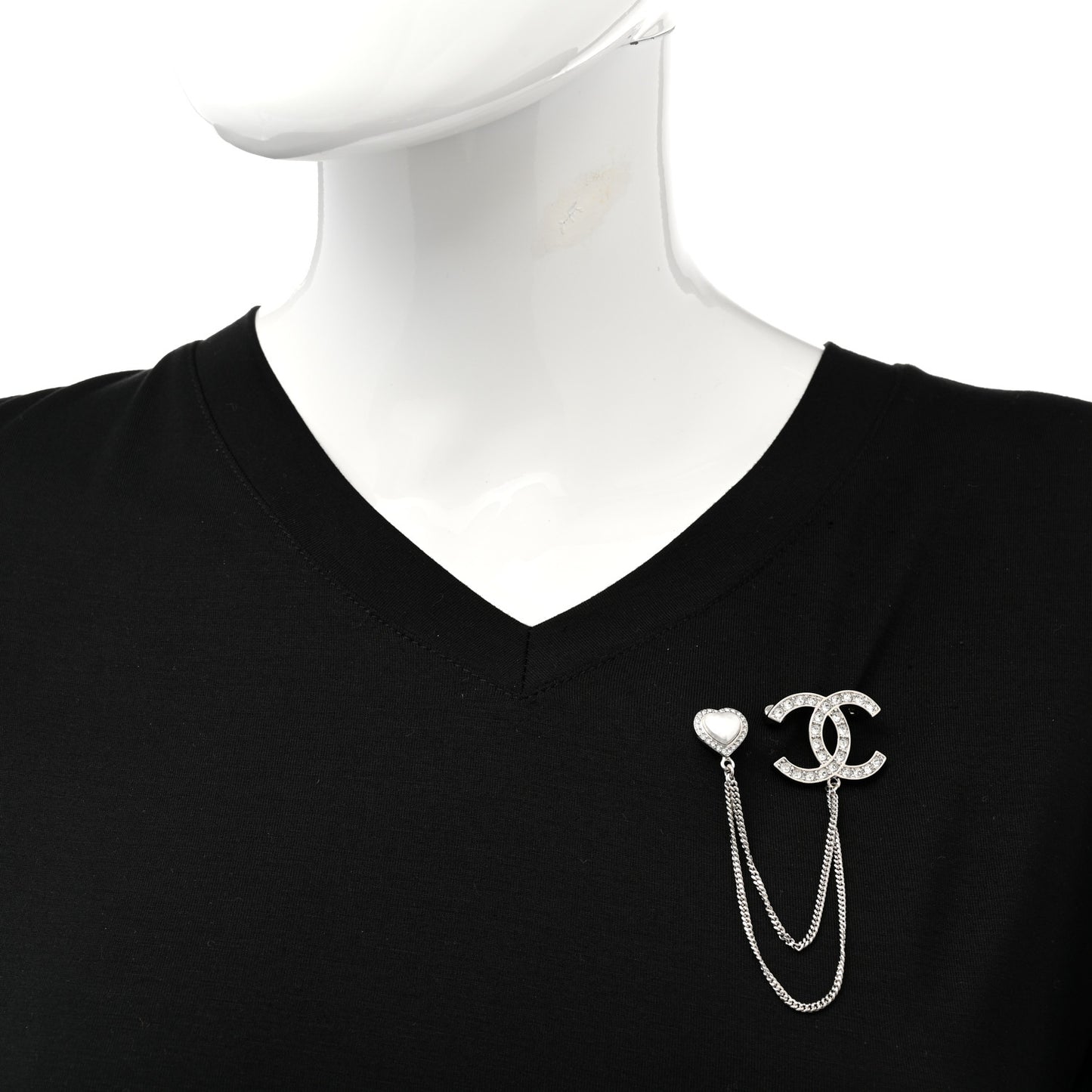 Diamente Pearl Multi Strand Chain CC Heart Brooch Silver Pearly White
