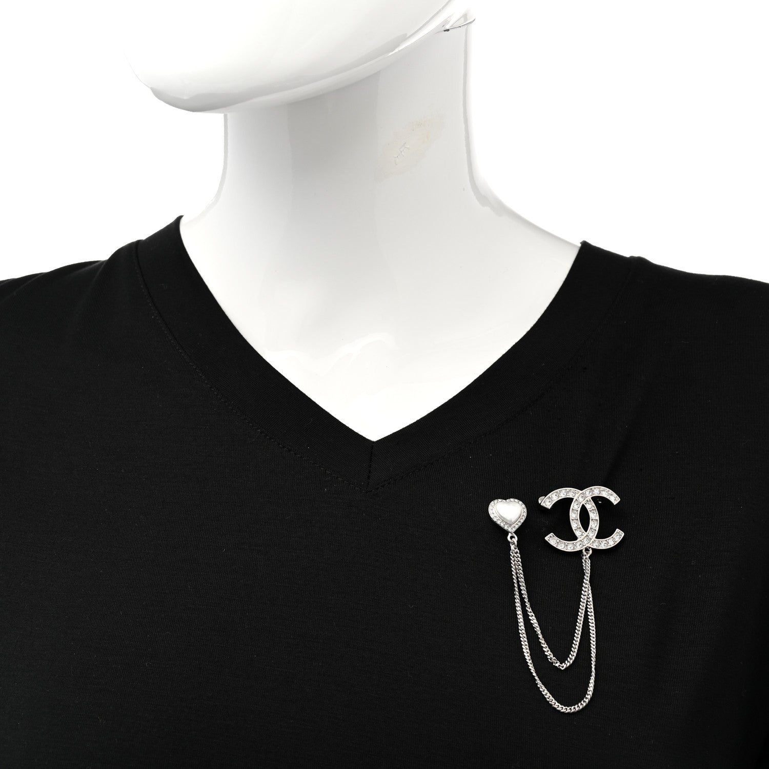Chanel Diamente Pearl Multi Strand Chain CC Heart Brooch Silver Pearly White 2 of 4
