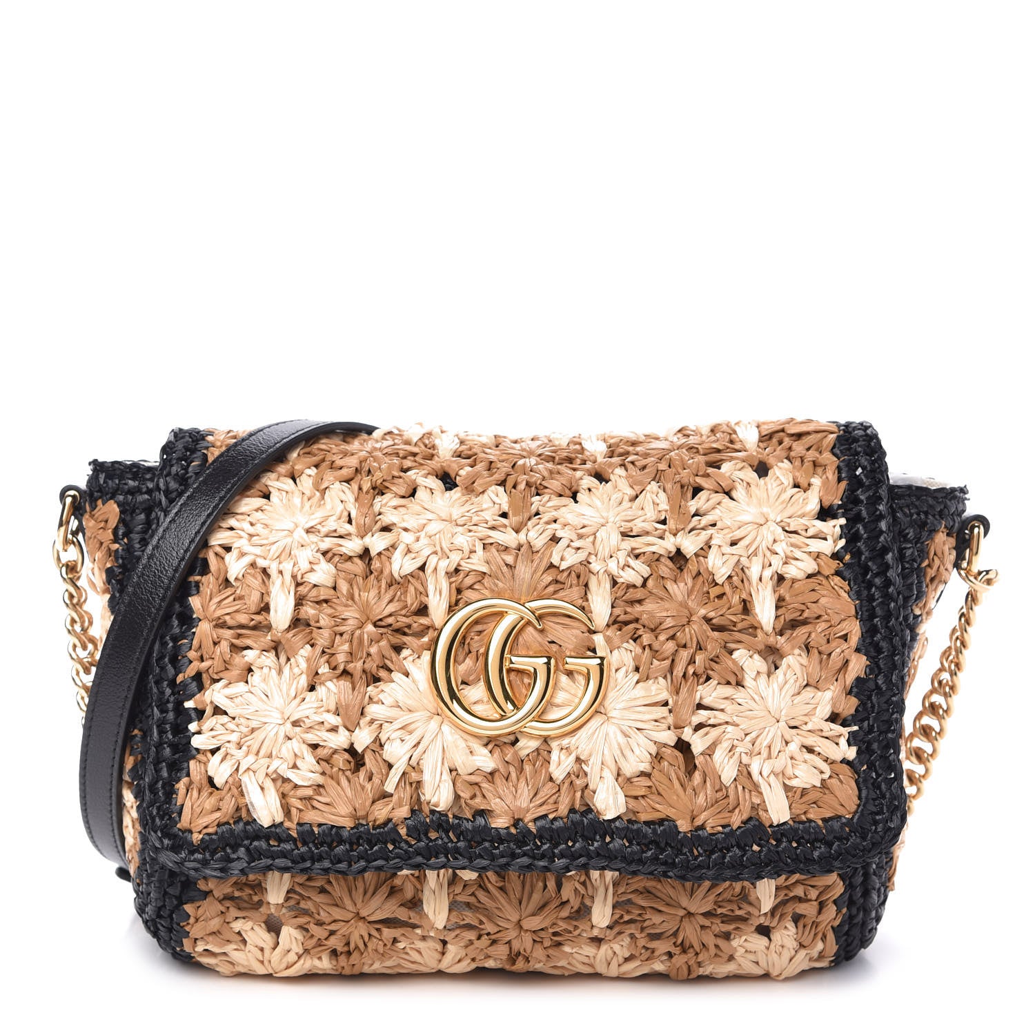 Gucci Raffia Azalea Calfskin Crochet Flower Small GG Marmont Shoulder Bag Natural Ecru Black 1 of 10