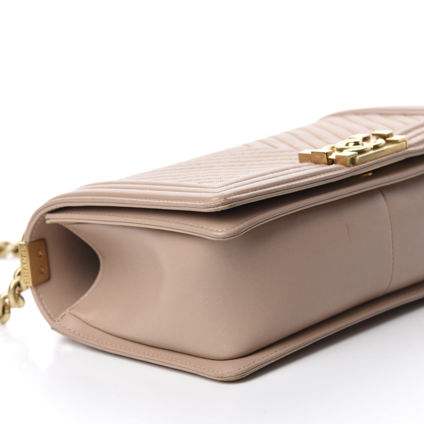 Lambskin Chevron Chain Stitched Medium Boy Flap Beige