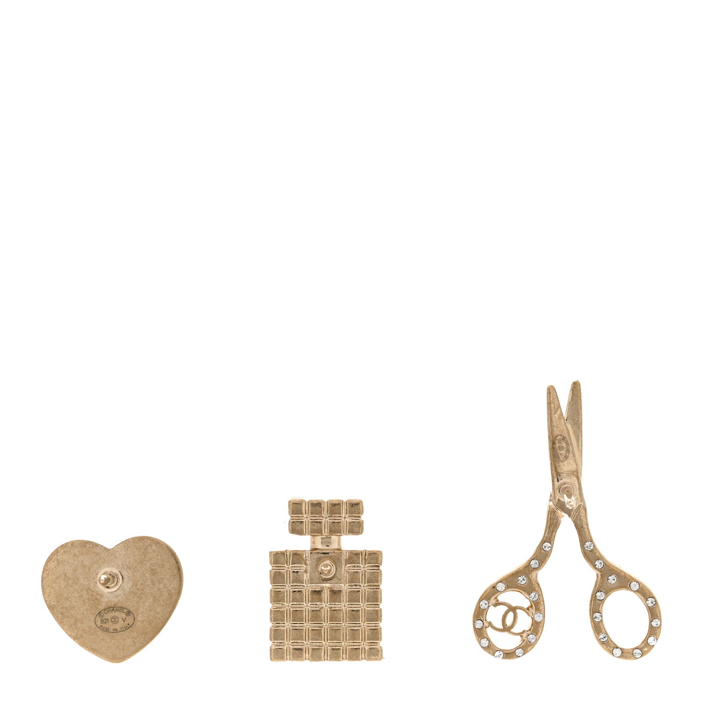 Metal Strass Crystal Quilted CC Heart Scissors Perfume Brooch Set Gold