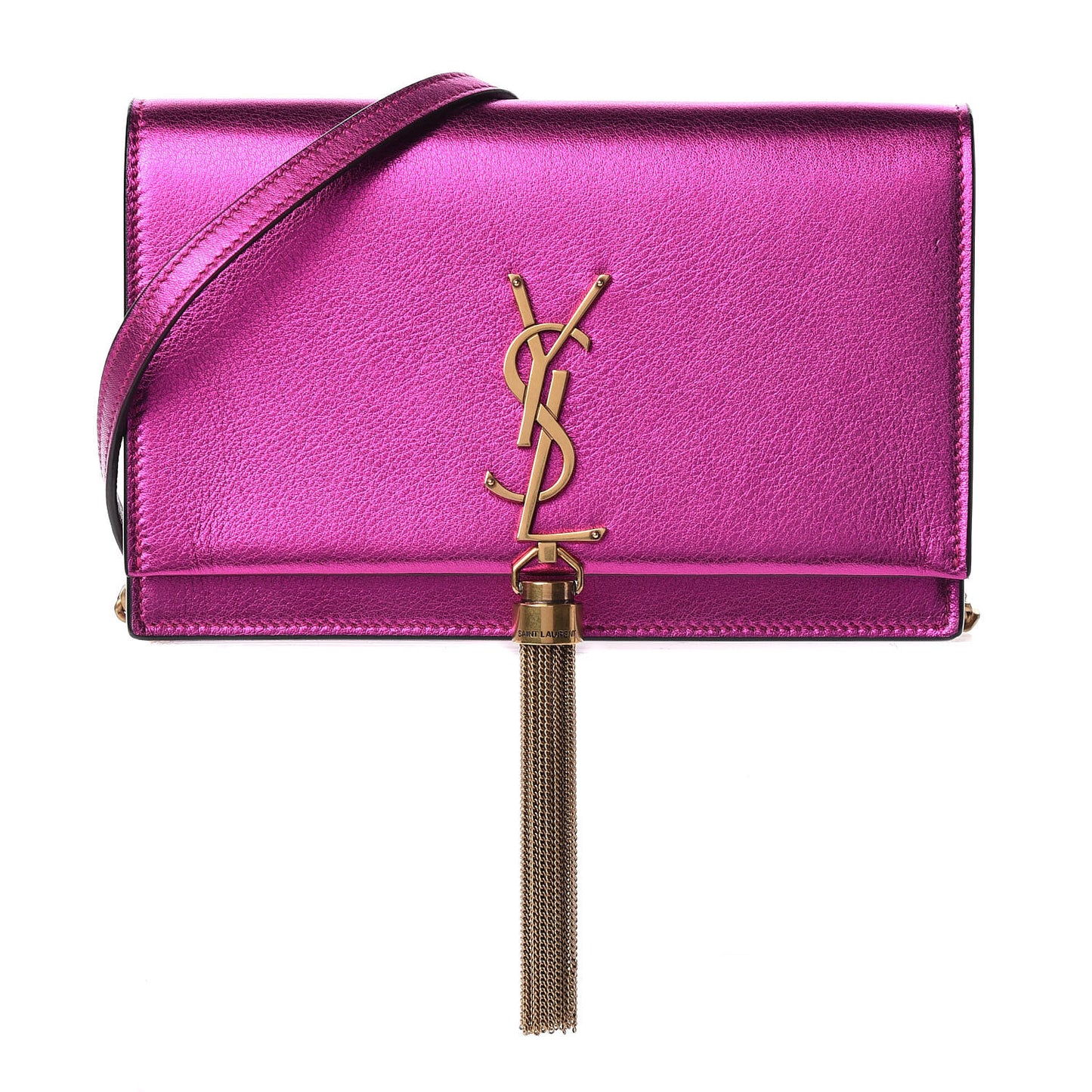 Metallic Calfskin Classic Monogram Kate Tassel Chain Wallet Fuchsia