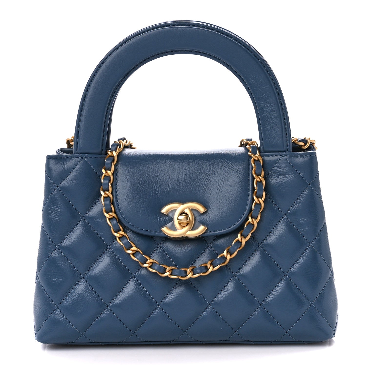 Chanel Shiny Aged Calfskin Quilted Nano Kelly Shopper Dark Blue 1 of 10