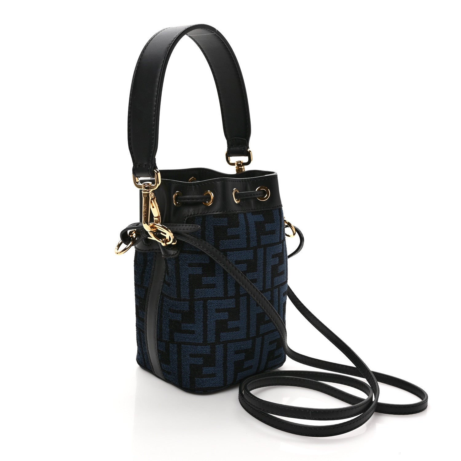 Fendi Chenille Vitello King FF Mini Mon Tresor Bucket Bag Blue Black 3 of 9