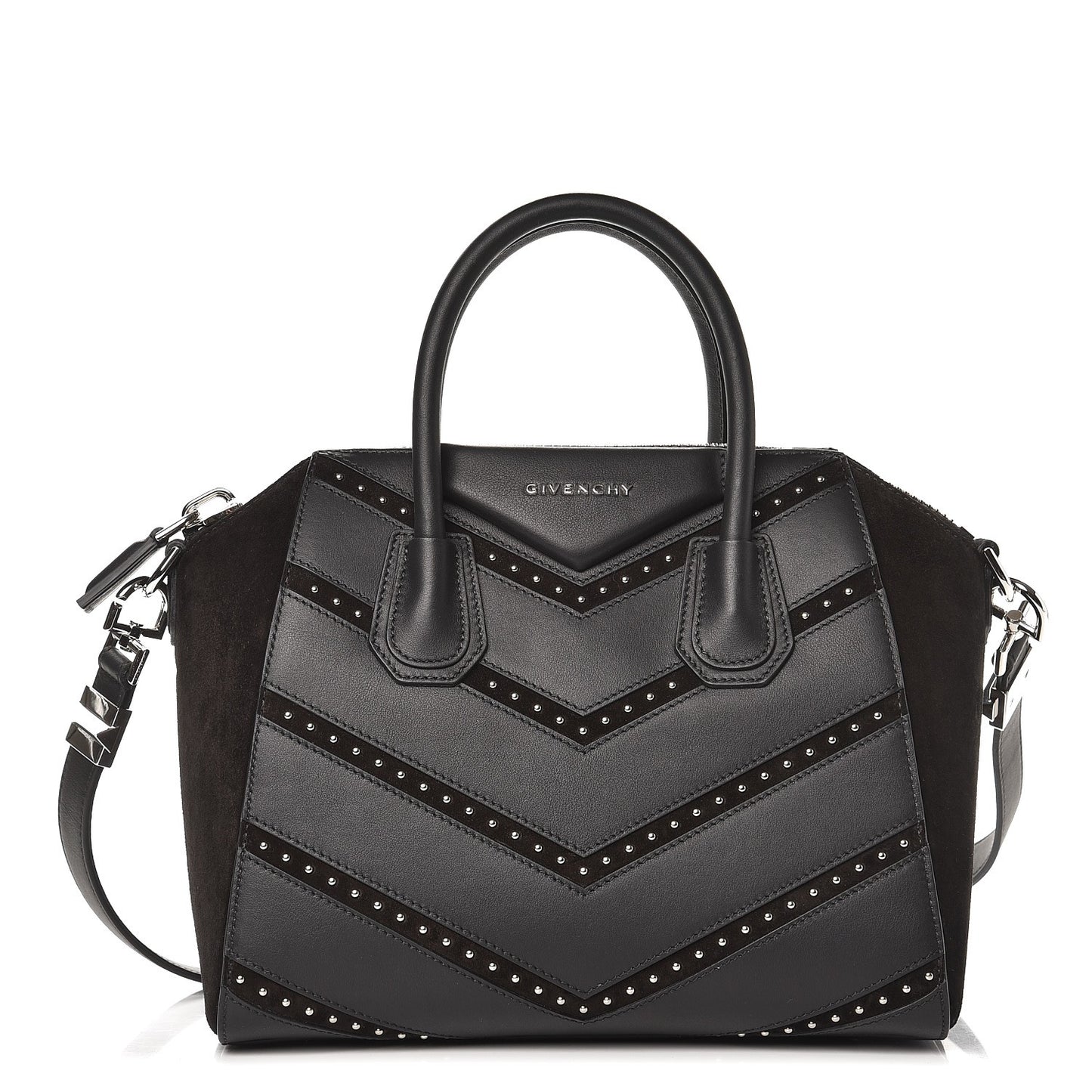Calfskin Suede Small Studded Chevron Antigona Black