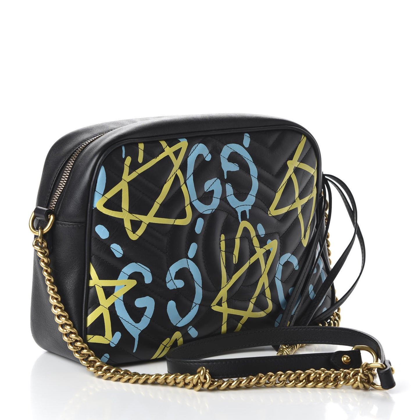 Calfskin Matelasse GucciGhost Medium GG Marmont Chain Shoulder Bag Black New Acquamarine