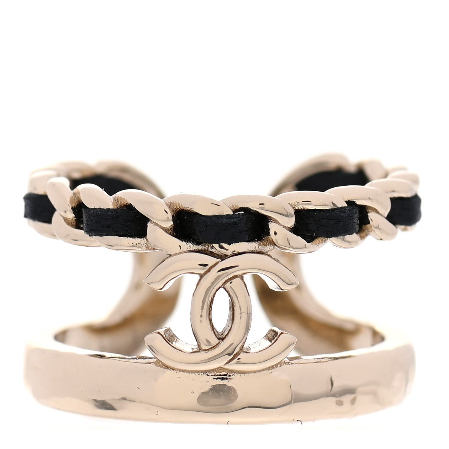 Chanel Metal Lambskin Chain CC Ring 7.25 Gold Black 1 of 5