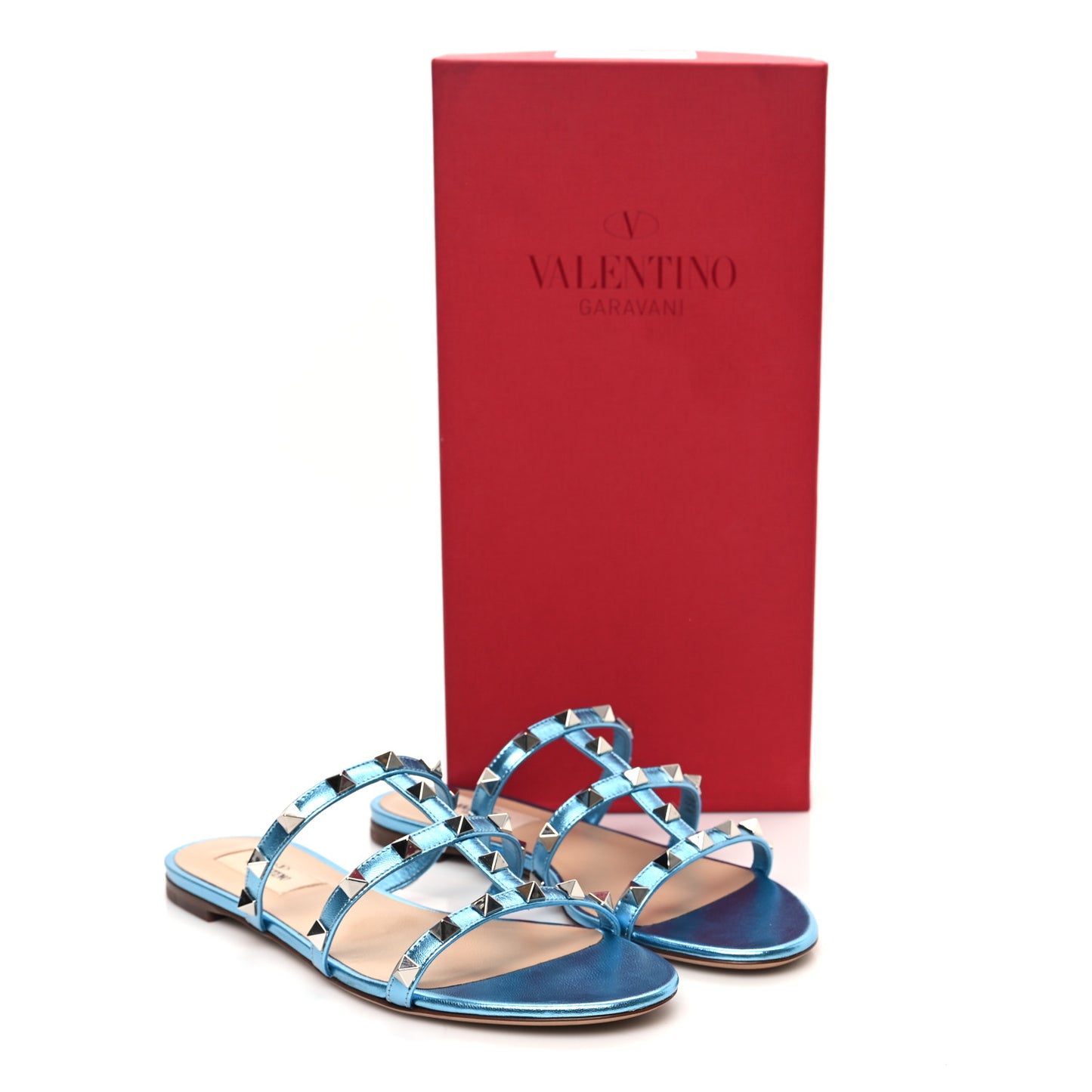 Metallic Nappa Rockstud Caged Flat Slide Sandals 36 Cerulean
