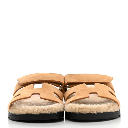 Hermes Suede Goatskin Woolskin Womens Chypre Sandals 36.5 Golden Beige 2 of 9