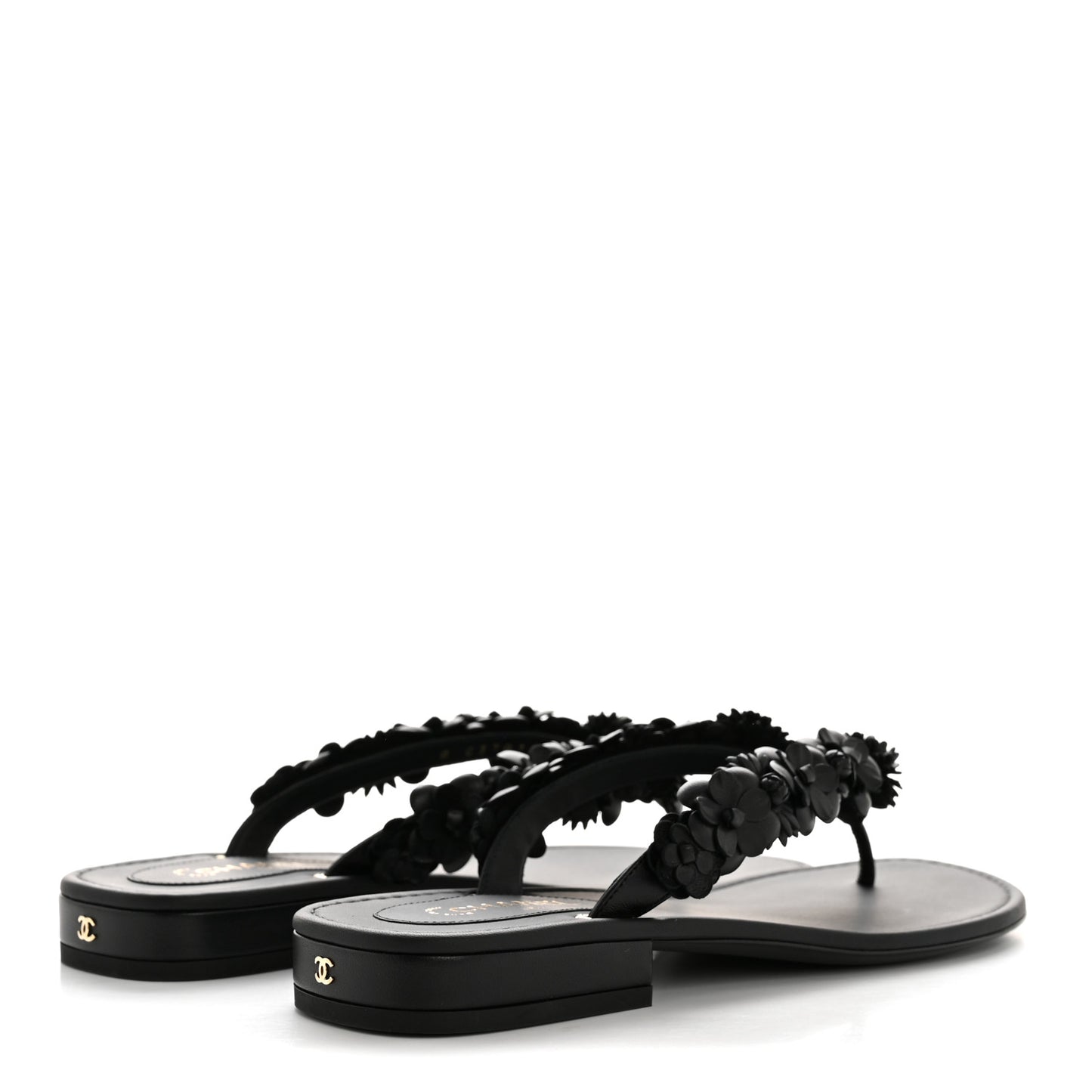 Lambskin Camellia Thong Sandals 38.5 Black