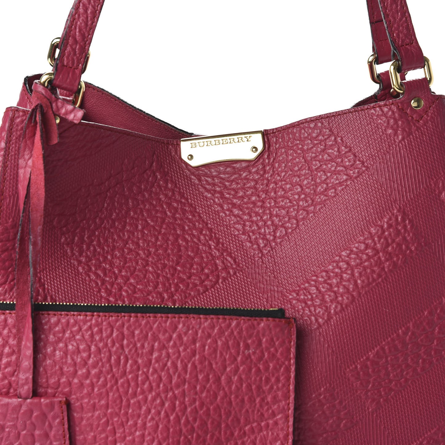 Signature Grain Calfskin Check Embossed Small Canterbury Tote Fuchsia