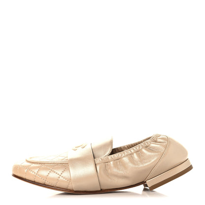 Chanel Laminated Lambskin Womens Quilted Elastic CC Moccasin Loafers 37.5 Beige 1 of 10