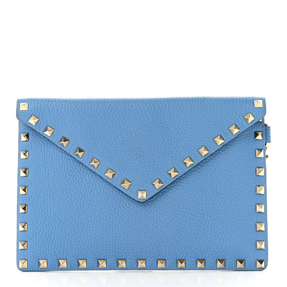 Valentino Garavani Pebbled Calfskin Medium Rockstud Envelope Flat Wristlet Pouch Denim 1 of 7