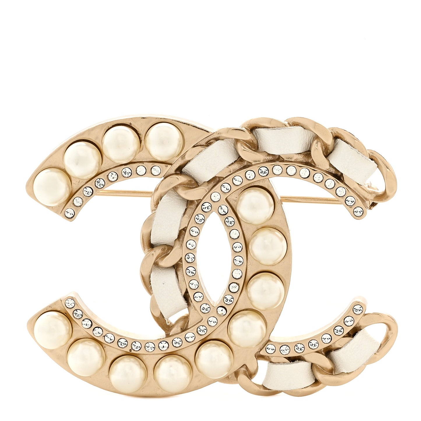 Lambskin Pearl Crystal CC Chain Brooch White Gold