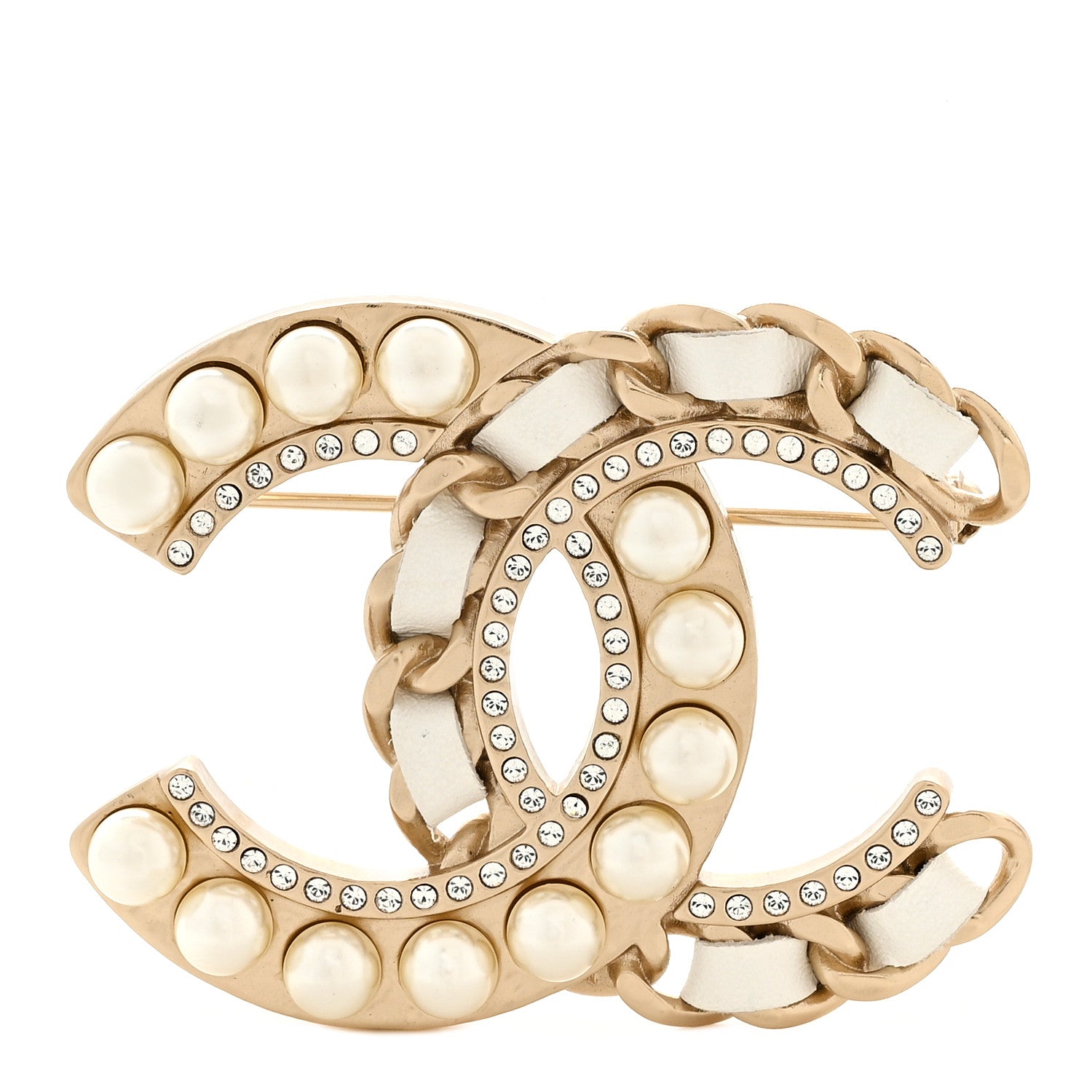 Chanel Lambskin Pearl Crystal CC Chain Brooch White Gold 1 of 3