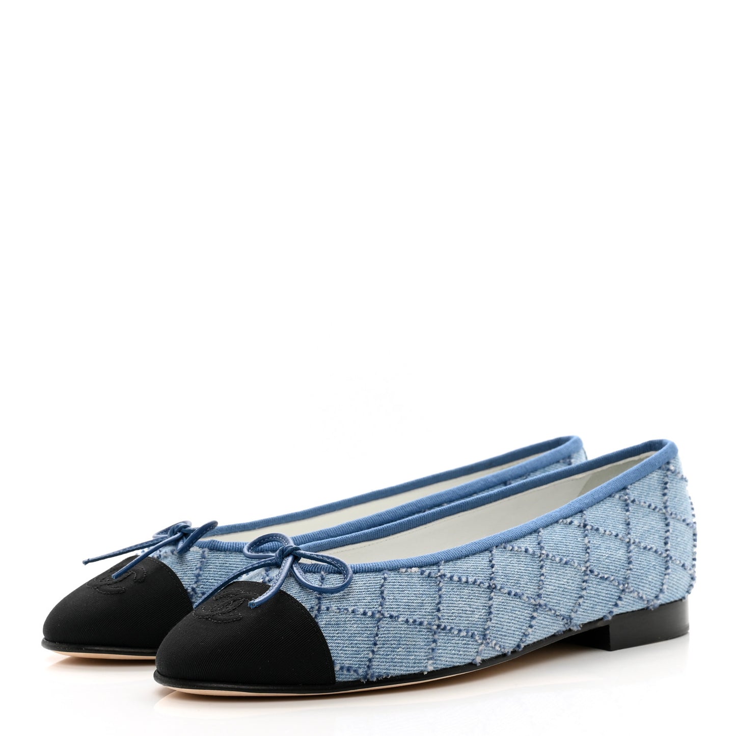 Denim Embroidered Grosgrain CC Cap Toe Ballerina Flats 37.5 Blue Black