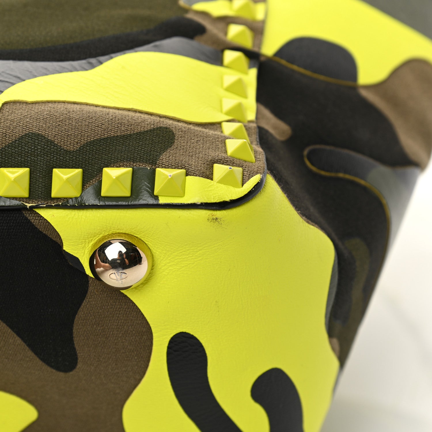 Valentino Garavani Nappa Canvas Camouflage Medium Rockstud Tote Green Fluo Yellow 11 of 16