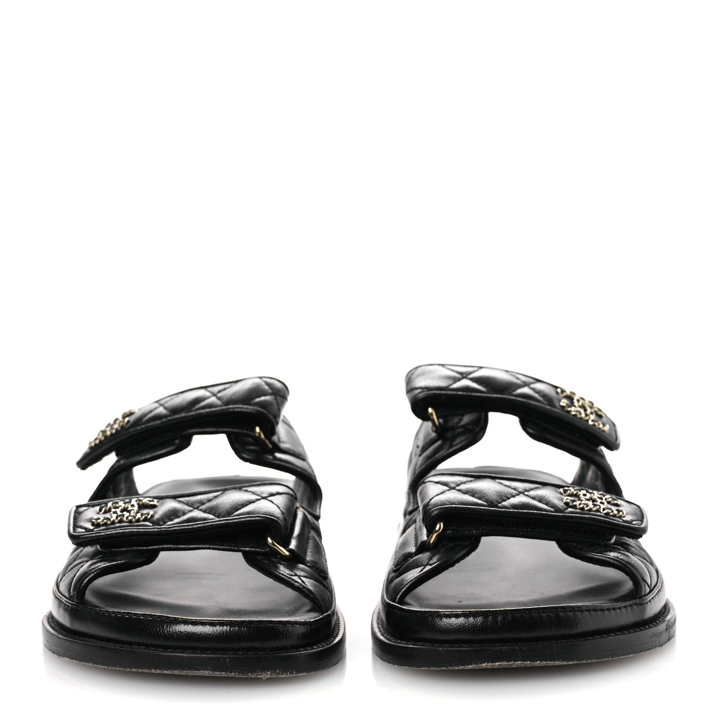 Lambskin Quilted Velcro Dad Chain CC Slide Sandals 39 Black