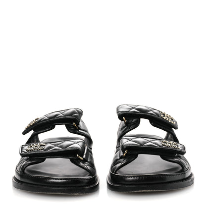 Chanel Lambskin Quilted Velcro Dad Chain CC Slide Sandals 39 Black 3 of 13