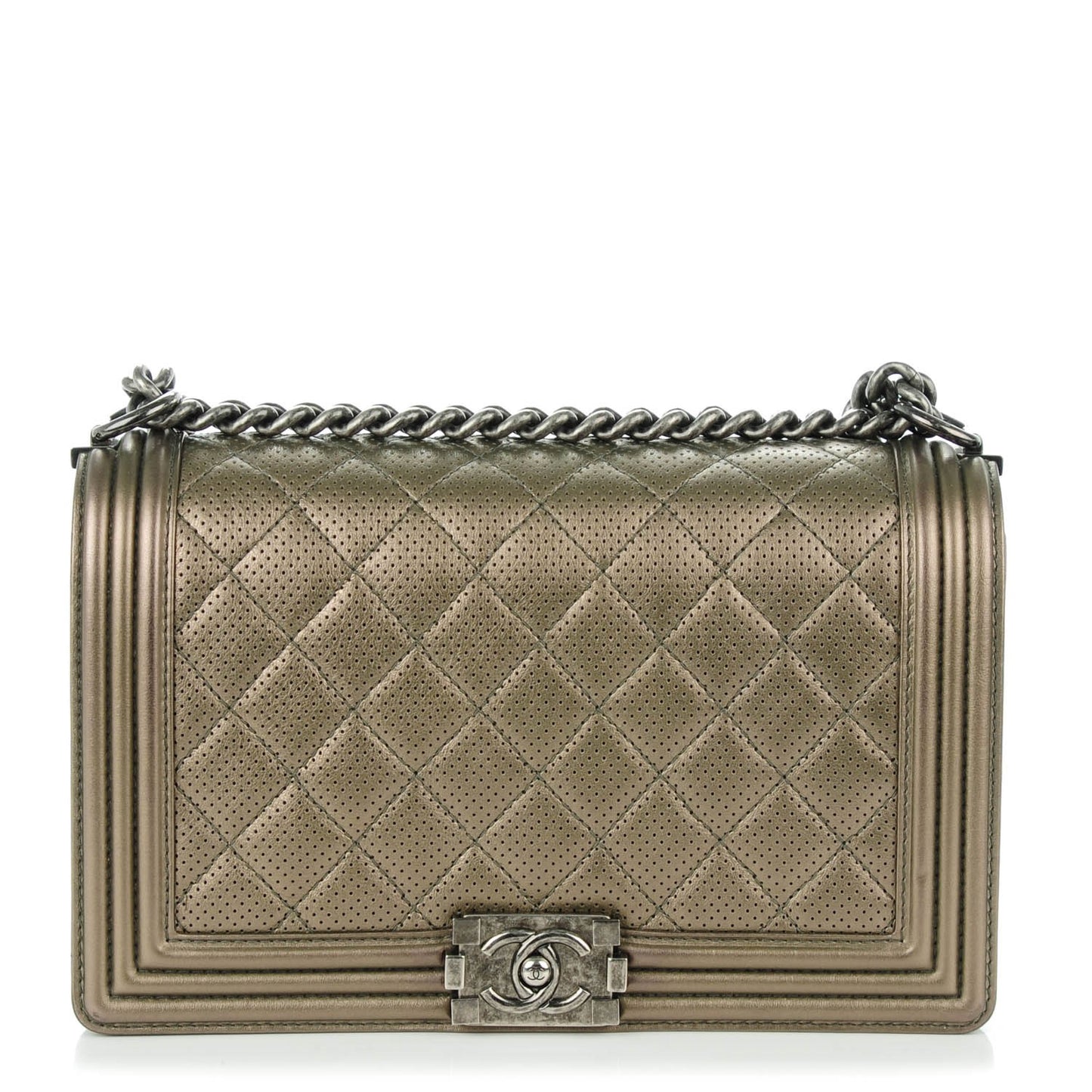Metallic Lambskin Perforated New Medium Boy Flap Dark Silver