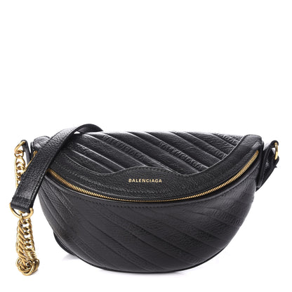 Balenciaga Shiny Goatskin Allover Logo Embossed XXS Souvenir Belt Bag Black 1 of 9