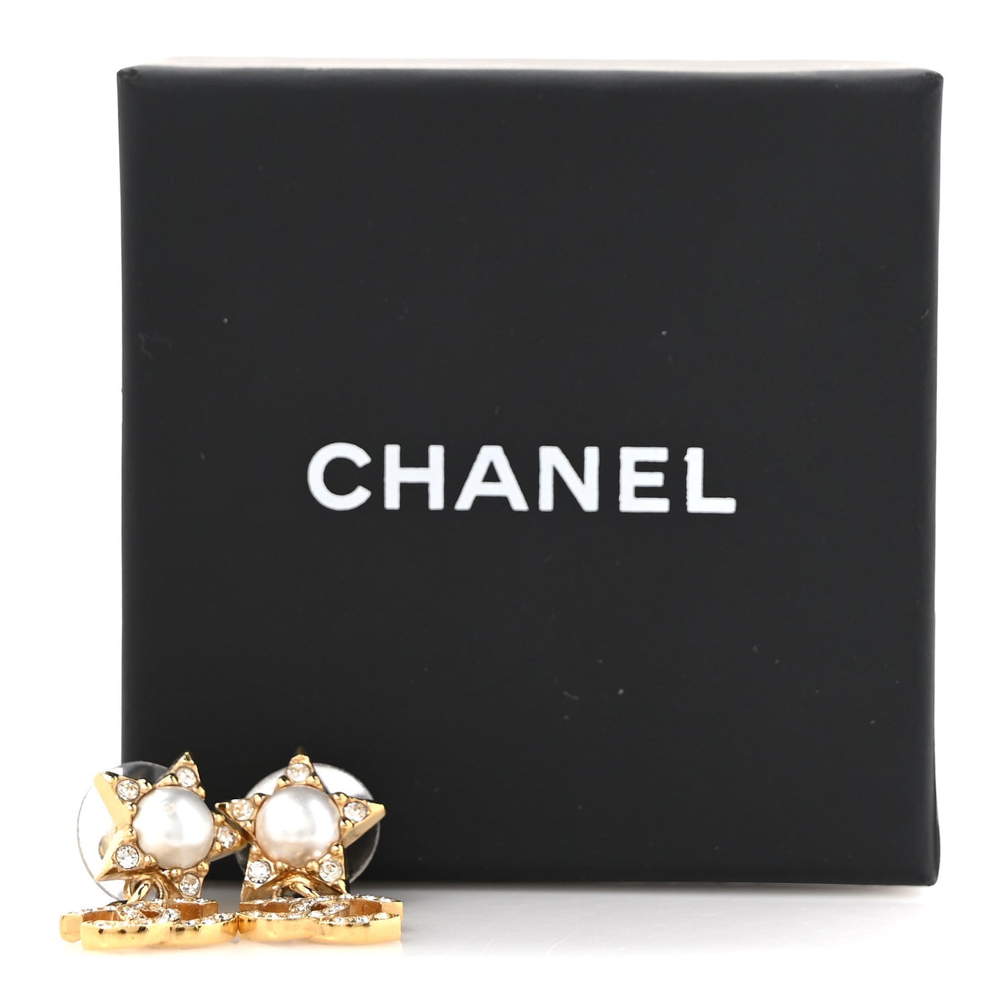 Crystal CC Pearl Star Drop Earrings Gold