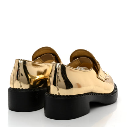 Prada Metallic Brushed Calfskin Metal Triangle Logo 50mm Loafers 39.5 Platino 4 of 8