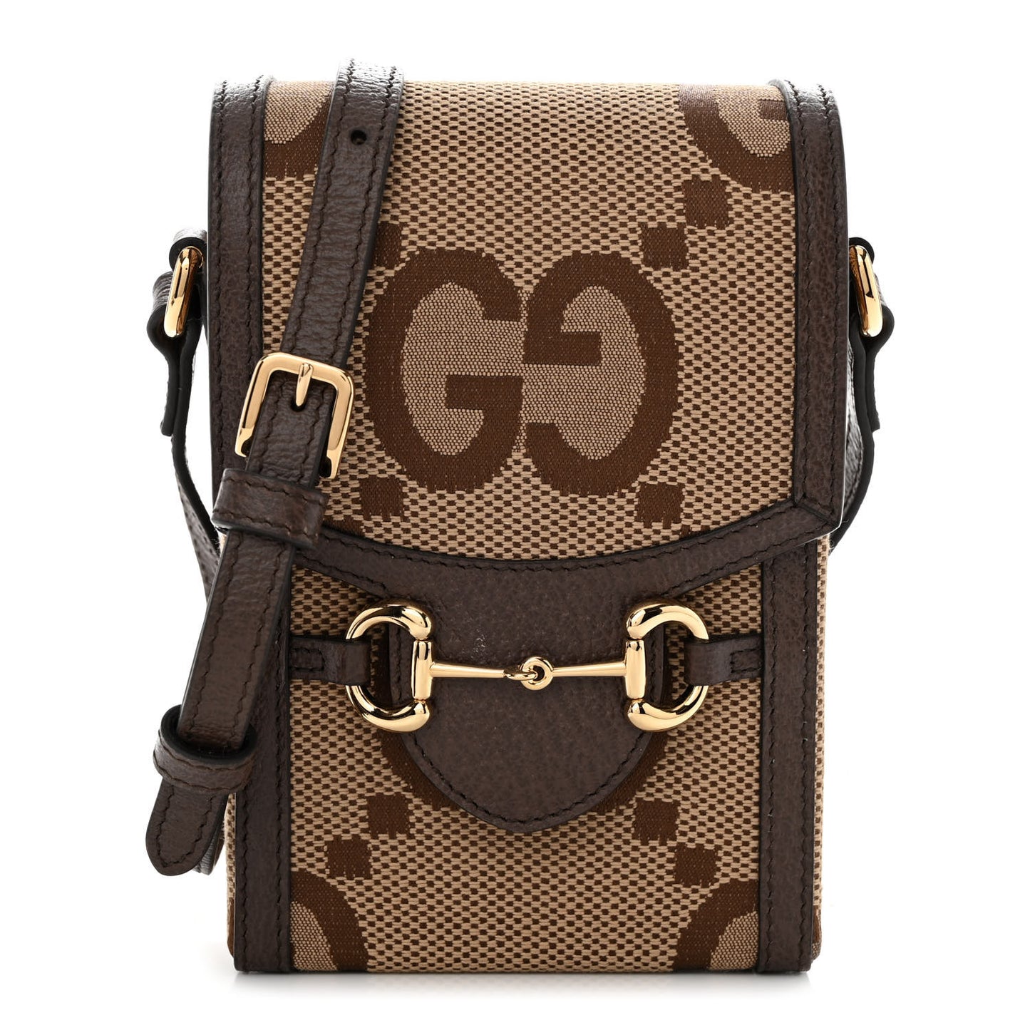 Monogram Jumbo GG Textured Dollar Calfskin Mini Horsebit 1955 Crossbody Bag Camel Ebony New Acero