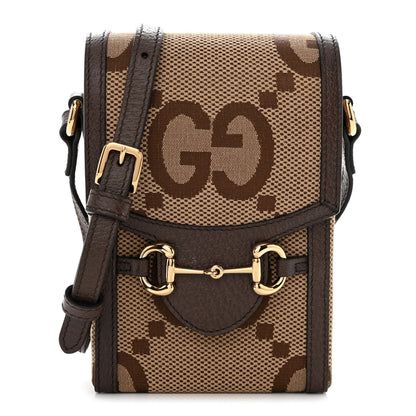 Gucci Monogram Jumbo GG Textured Dollar Calfskin Mini Horsebit 1955 Crossbody Bag Camel Ebony New Acero 1 of 11