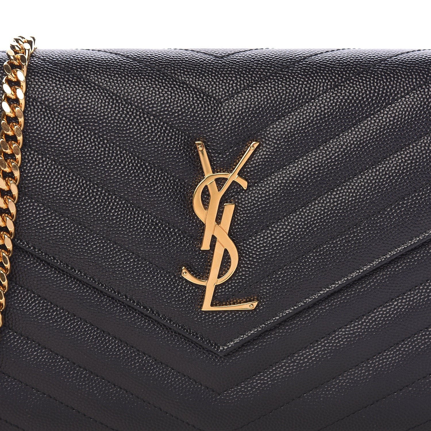 Saint Laurent Grain De Poudre Matelasse Chevron Monogram Chain Wallet Black 7 of 15